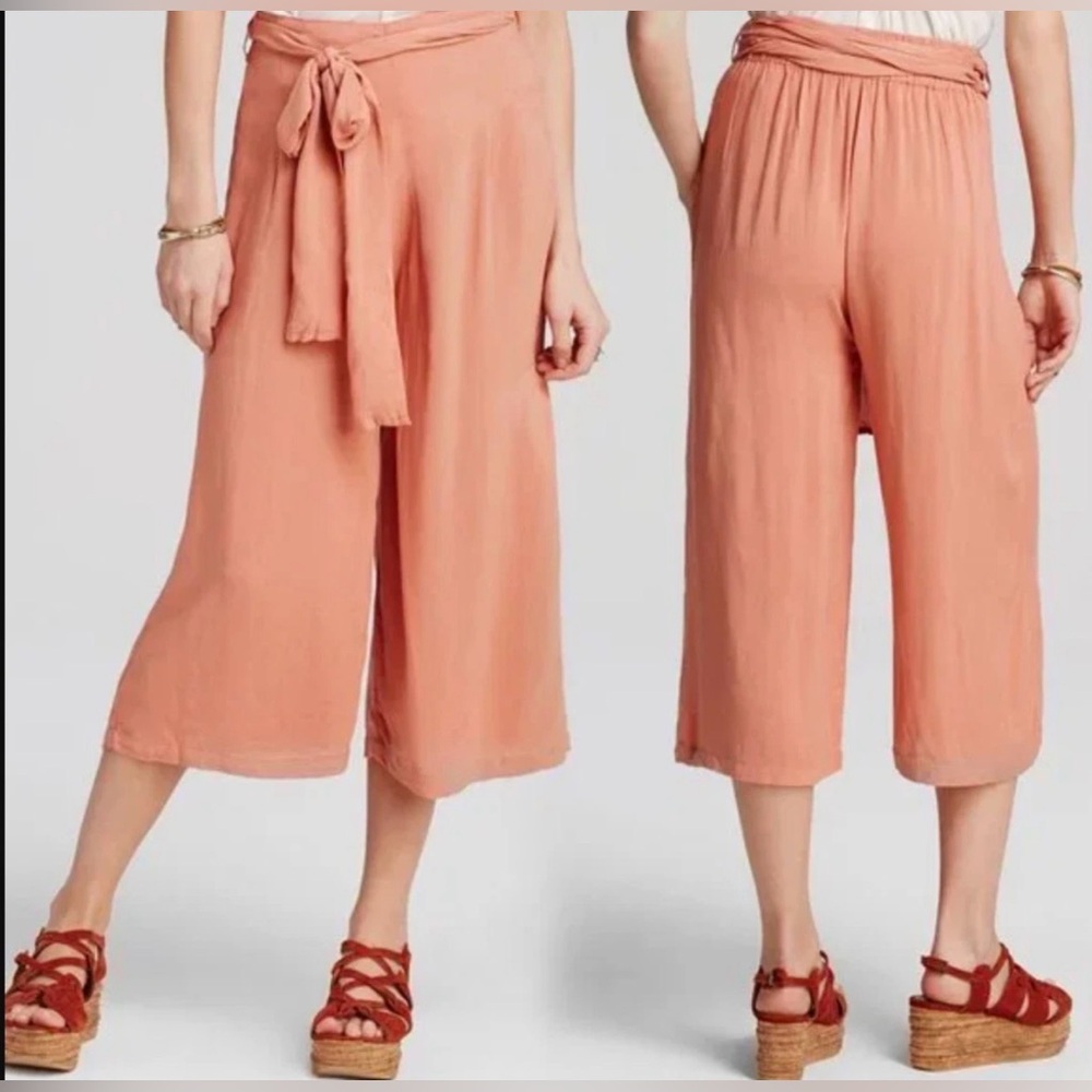 Wide Leg Cropped Tie-Waist Pants - Peach
